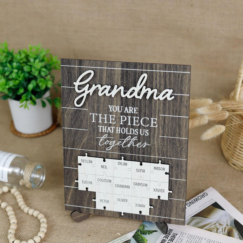 Custom Grandma The Piece That Holds Us Together Puzzle Pieces Plaque, Grandma Mothers Day Gift From Kids
