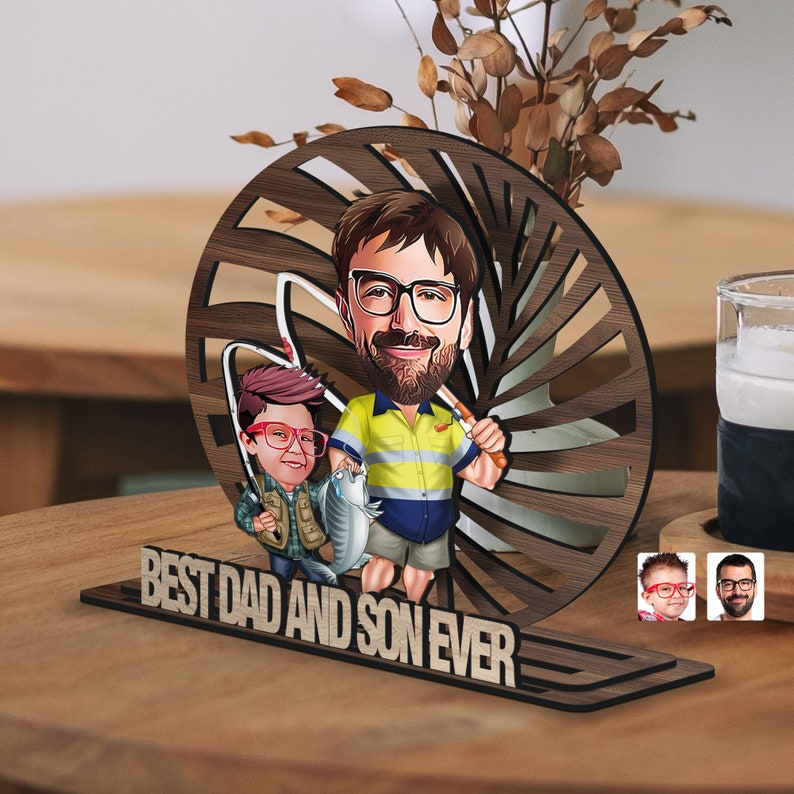 Personalized 3D Wooden Cartoon Father's Day Figurine Trinket, Custom Caricature Portrait, Style 8