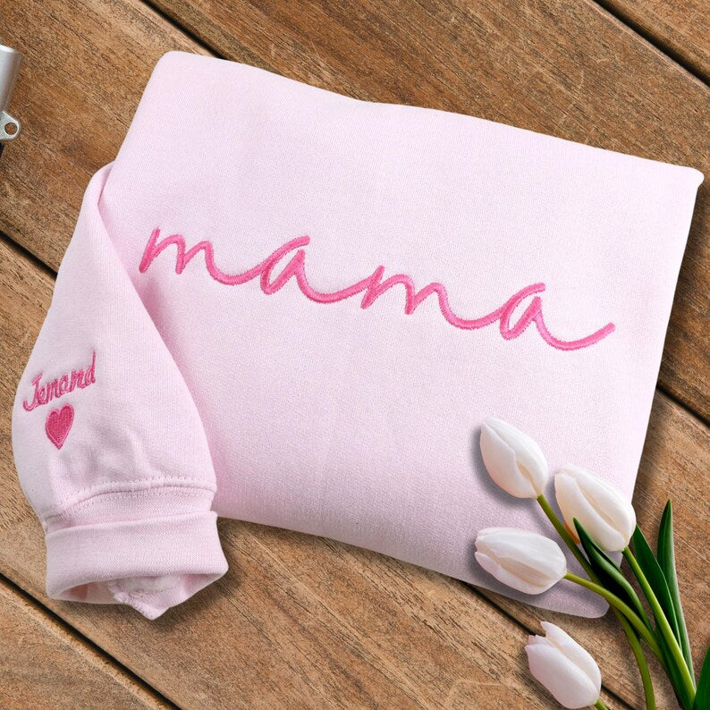 Embroidered Custom Mama Sweatshirt with Mama Birth Flowers & Names on Sleeve