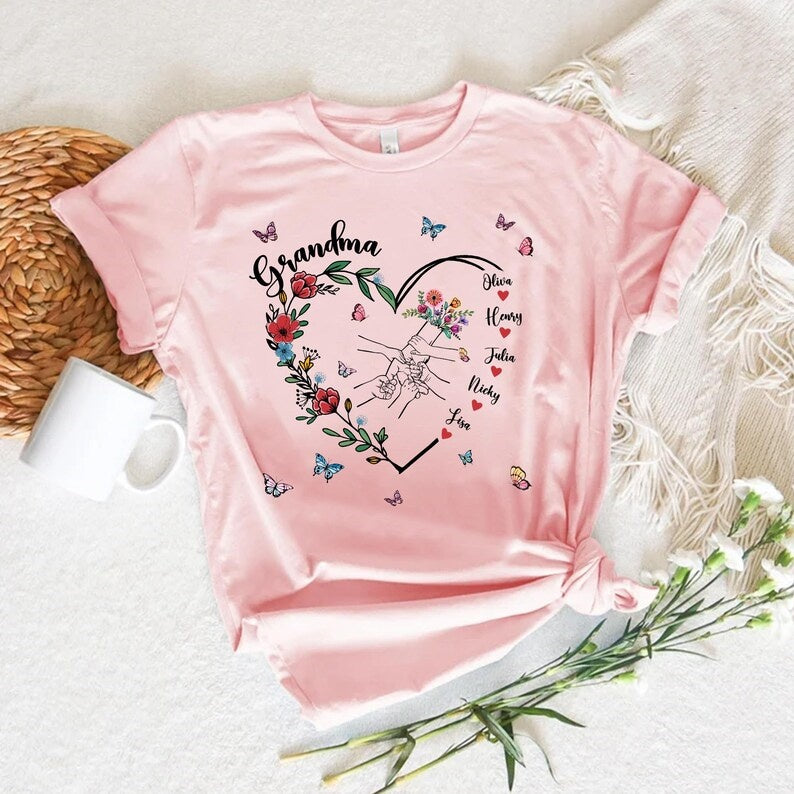 Custom Holding Kid Hands Floral Mom Heart Shirt Mothers Day Gift