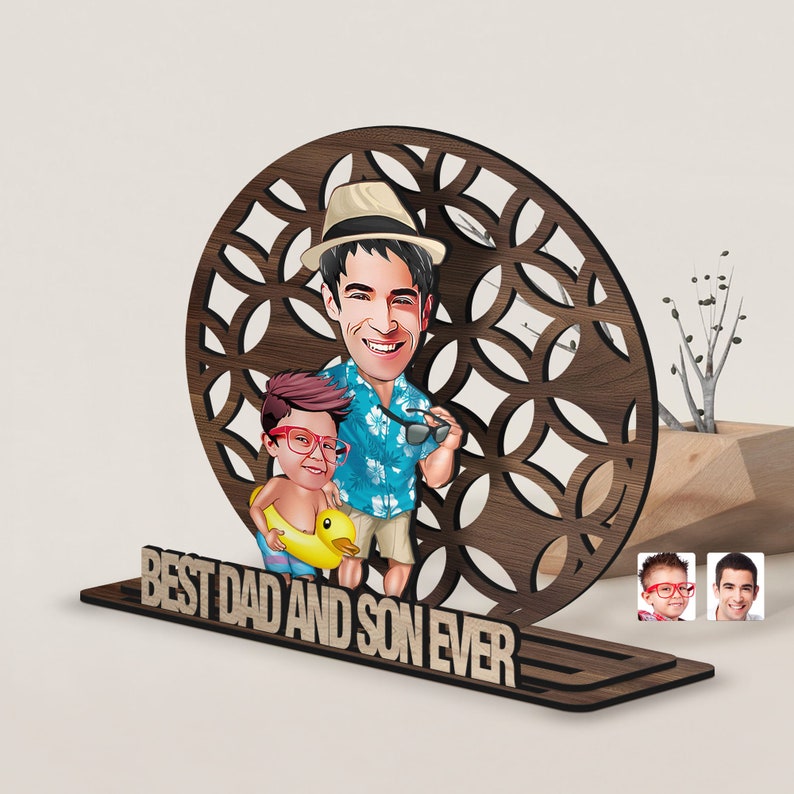 Personalized 3D Wooden Cartoon Father's Day Figurine Trinket, Custom Caricature Portrait, Style 10