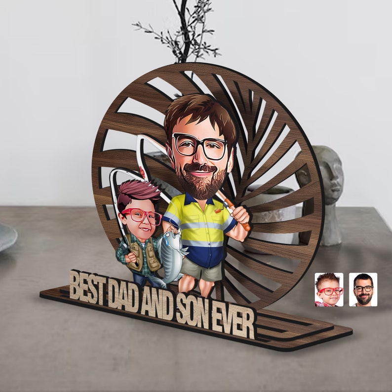 Personalized 3D Wooden Cartoon Father's Day Figurine Trinket, Custom Caricature Portrait, Style 8
