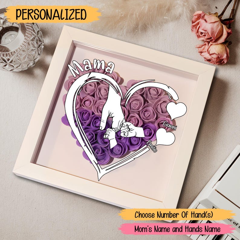 Personalized Flower Handprints Shadow Box For Mom Gift