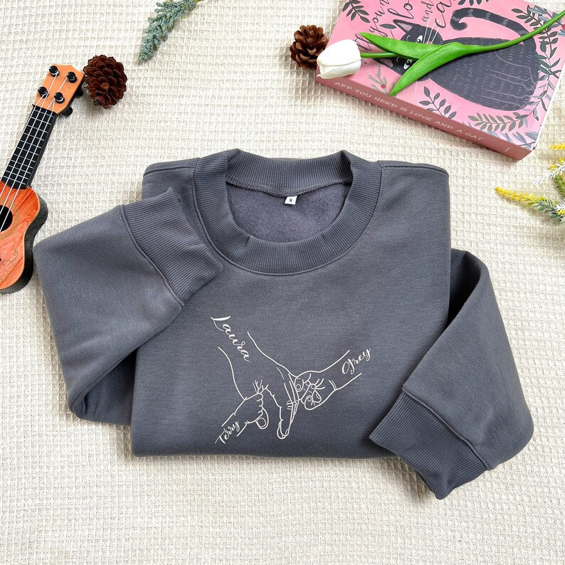 Custom Embroidered Sweatshirt With Mom's Hand And Child's Name For Mother's Day Gift