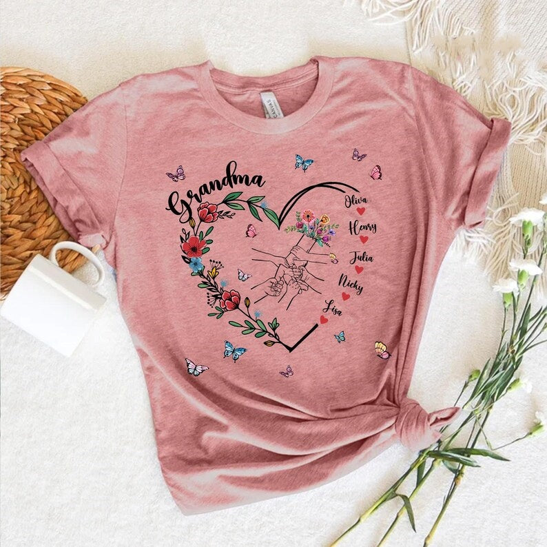 Custom Holding Kid Hands Floral Mom Heart Shirt Mothers Day Gift