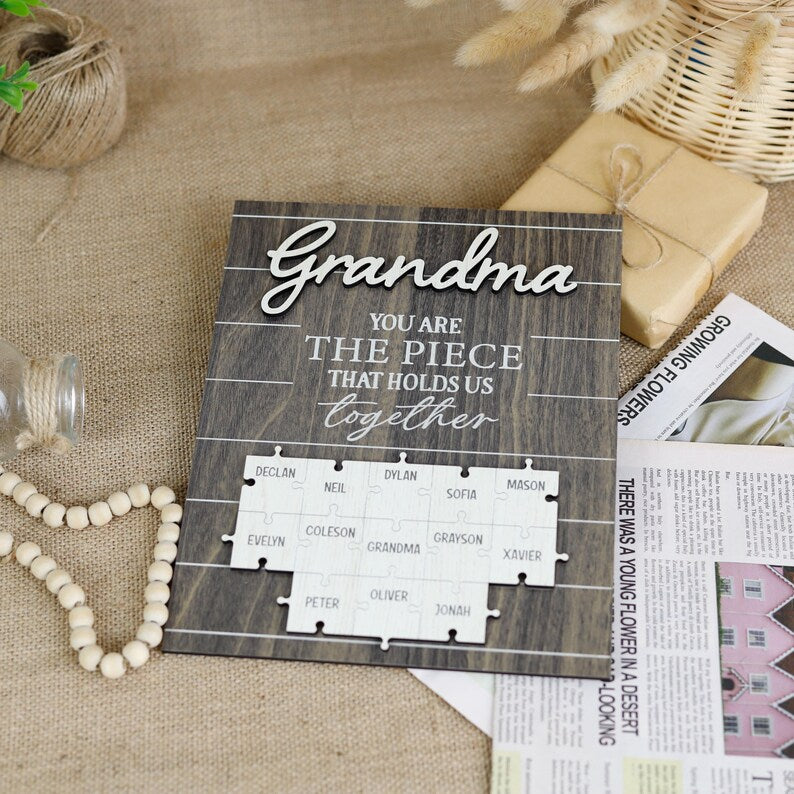 Custom Grandma The Piece That Holds Us Together Puzzle Pieces Plaque, Grandma Mothers Day Gift From Kids