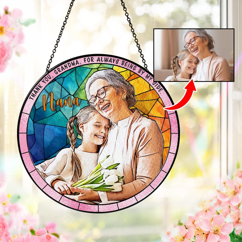 Personalized Grandpa Dad Portrait Photo Stained Glass Suncatcher Window Hanging