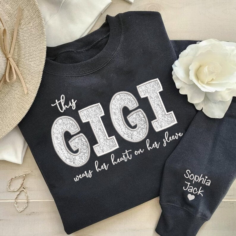 Custom Mom Wears Her Heart on Her Sleeves Glitter  Embroidered Sweatshirt