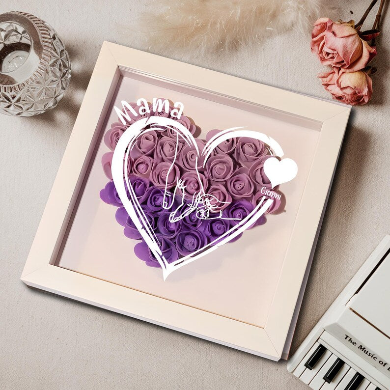 Personalized Flower Heart Shadow Box For Mom, Roses Shadowbox With Names