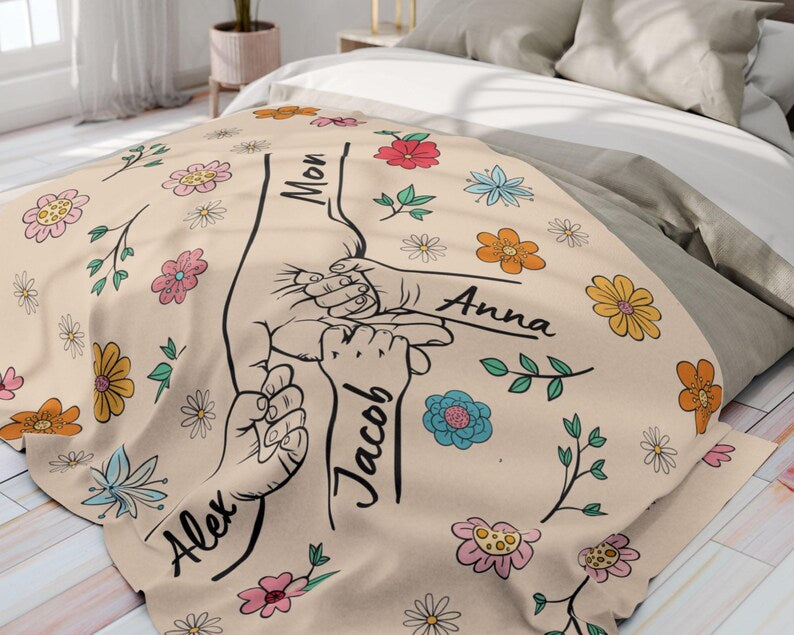 Personalized Mom Hands Holding Blanket With Kids Names