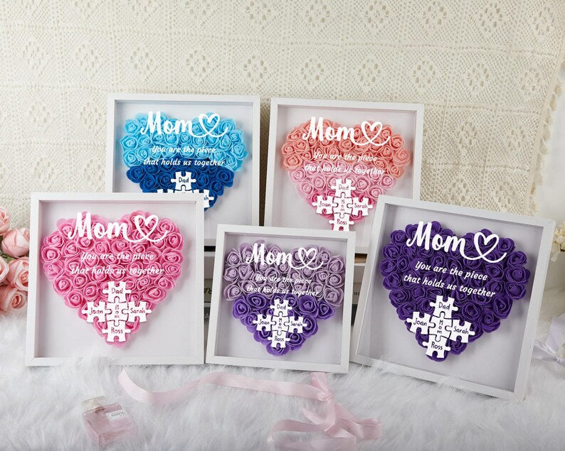Custom Mom Puzzle With Kids Names Heart Flower Shadow Box