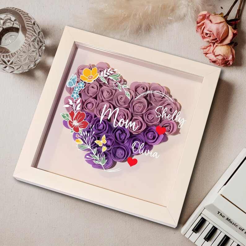Custom Heart-Shaped Flower Name Box For Mom