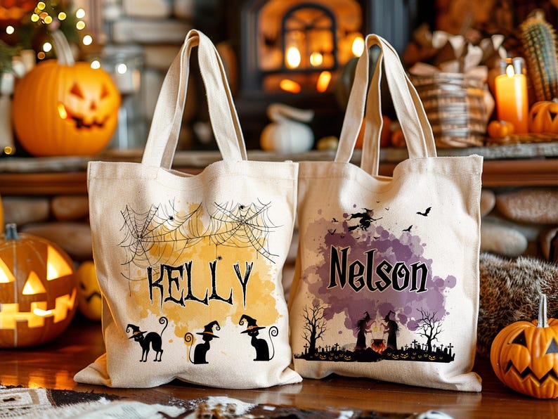 Customized Pumpkin Witch Black Cat Castle Skeleton Ghost Canvas Tote Bag