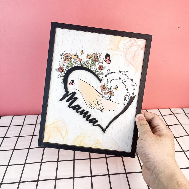Customized Mother And Child Holding Hands Heart Shaped Wooden Sign