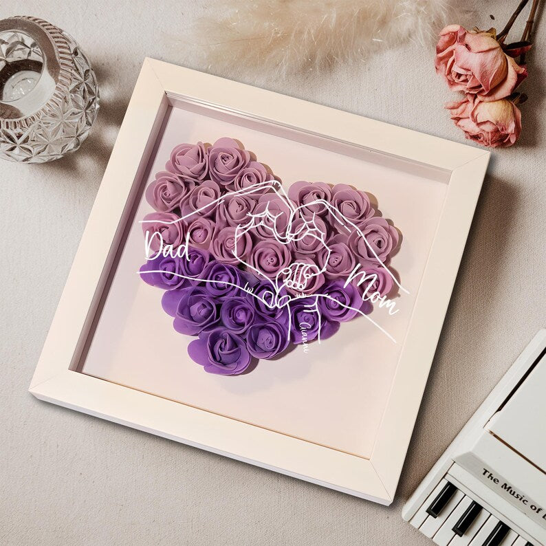 Personalised Mom And Child Hands Flower Heart Shaped Shadow Box For Family