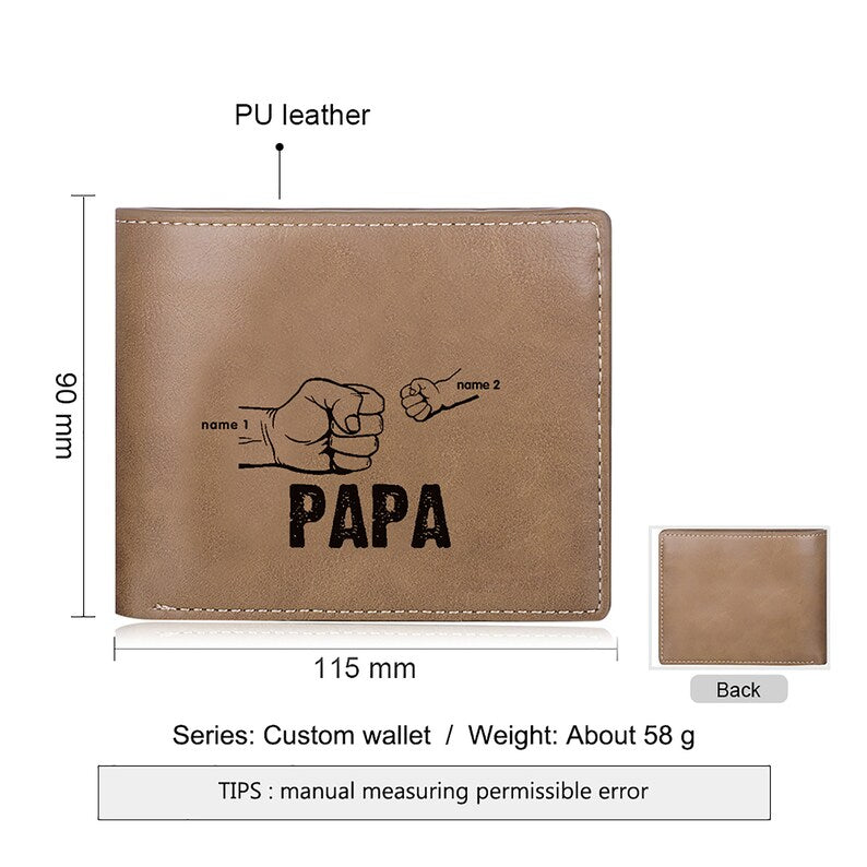 Papa Wallet Fist to Fist - PU Leather Wallet -Dad and Kids Name Wallet - Gift for Husband, Dad