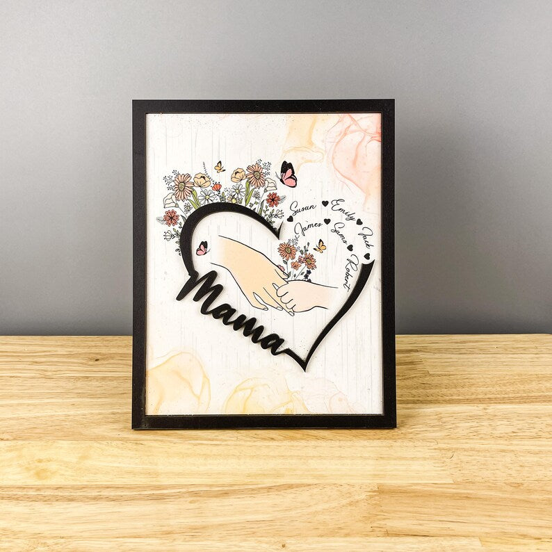 Customized Mother And Child Holding Hands Heart Shaped Wooden Sign