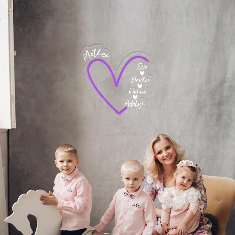 Custom Mama With Kids Names Heart Neon