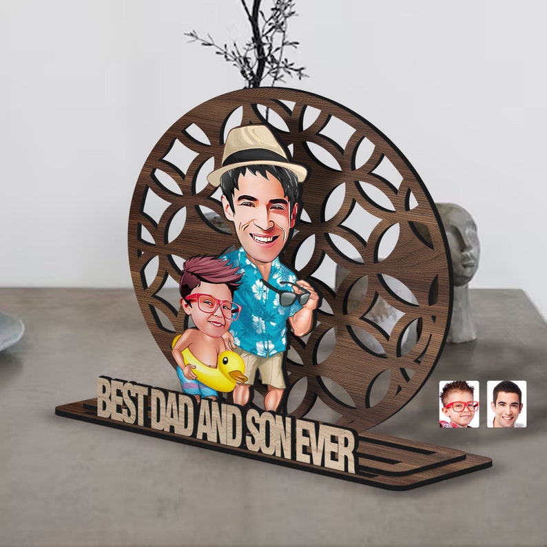 Personalized 3D Wooden Cartoon Father's Day Figurine Trinket, Custom Caricature Portrait, Style 10