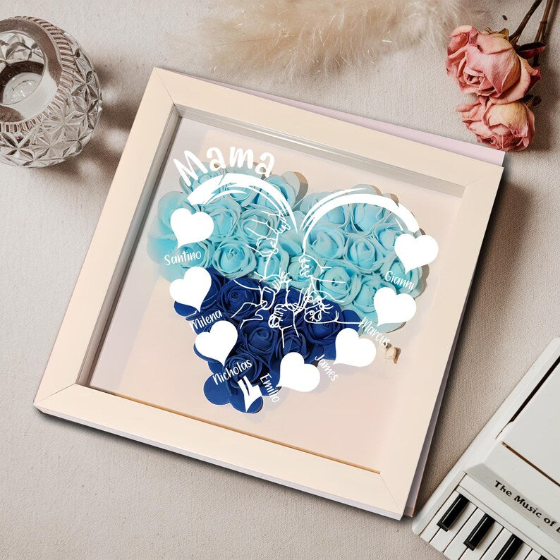 Personalized Flower Heart Shadow Box For Mom, Roses Shadowbox With Names