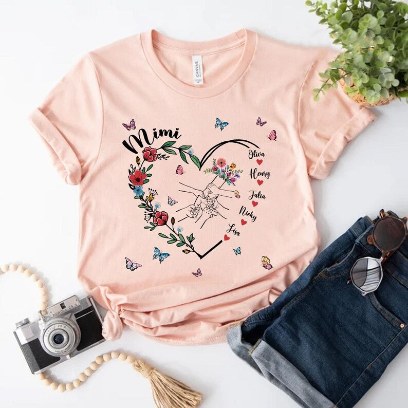Custom Holding Kid Hands Floral Mom Heart Shirt Mothers Day Gift