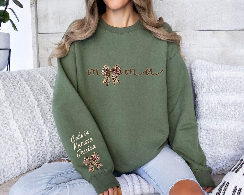 Custom Mama Leopard Sweater With Kids Name On Sleeve, Coquette Bow Mama Sweater Gift
