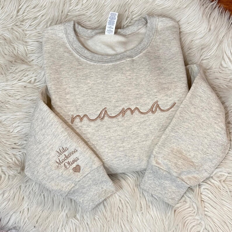 Embroidered Custom Mama Sweatshirt with Mama Birth Flowers & Names on Sleeve