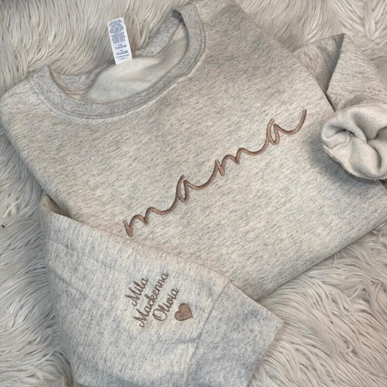 Embroidered Custom Mama Sweatshirt with Mama Birth Flowers & Names on Sleeve