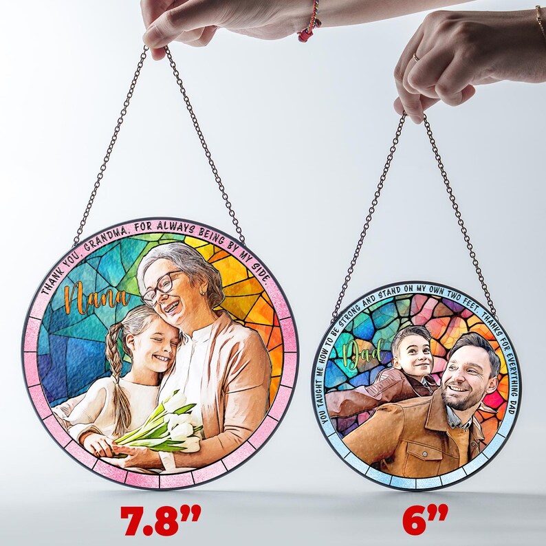 Personalized Grandpa Dad Portrait Photo Stained Glass Suncatcher Window Hanging