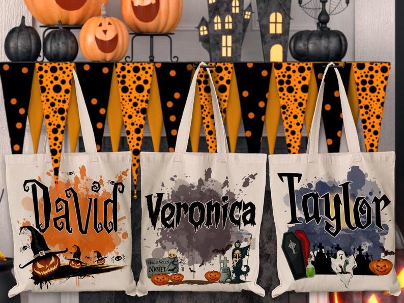 Customized Pumpkin Witch Black Cat Castle Skeleton Ghost Canvas Tote Bag