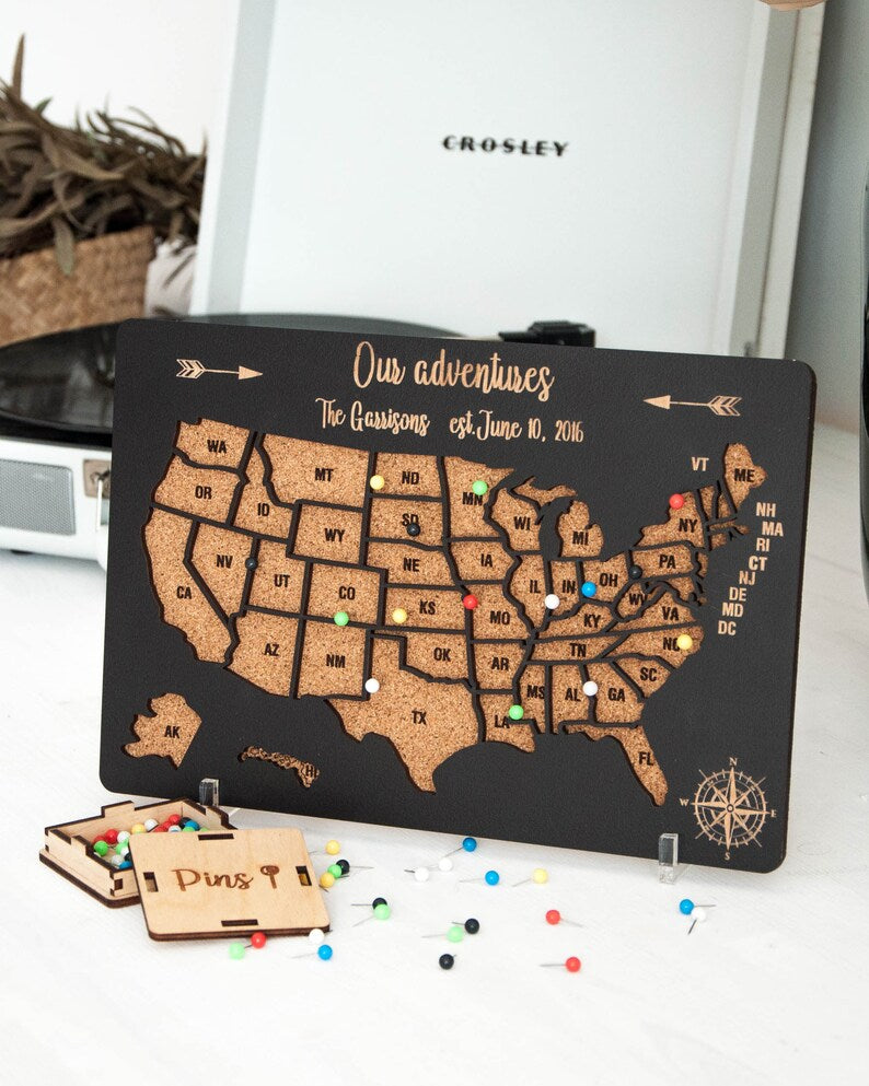 Push Pin USA Map Travel Map For Couples Gift, Wooden Map Of United States One Year Anniversary Gift