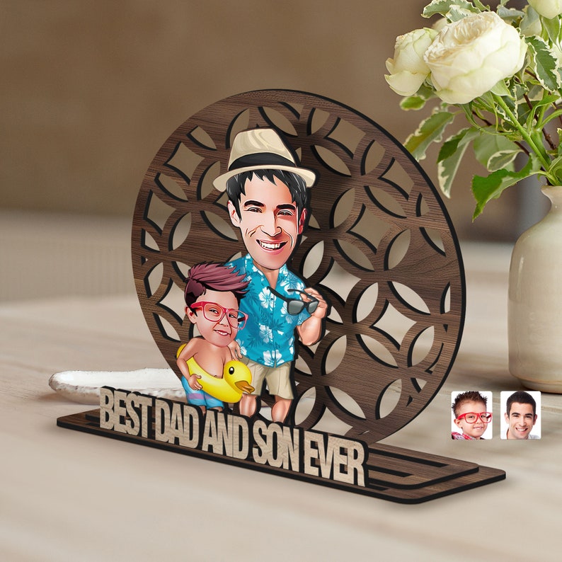 Personalized 3D Wooden Cartoon Father's Day Figurine Trinket, Custom Caricature Portrait, Style 10