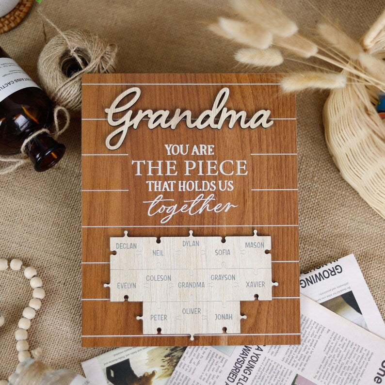 Custom Grandma The Piece That Holds Us Together Puzzle Pieces Plaque, Grandma Mothers Day Gift From Kids