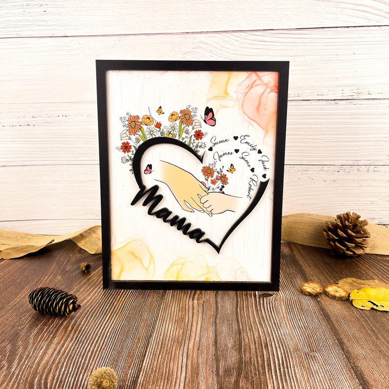 Customized Mother And Child Holding Hands Heart Shaped Wooden Sign