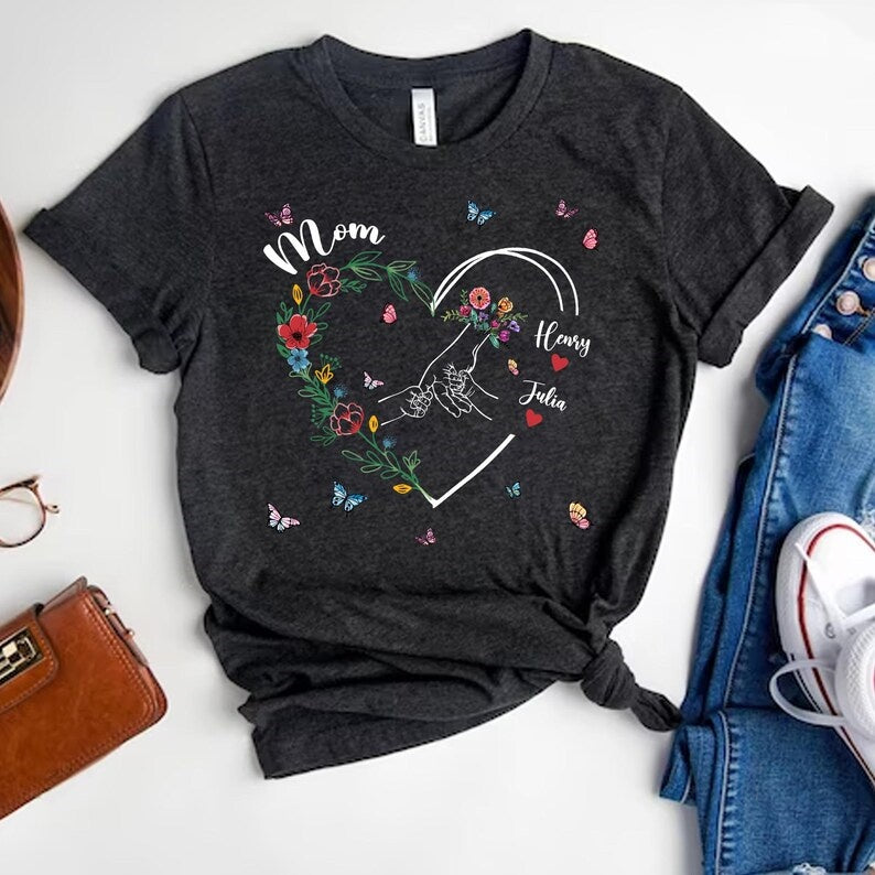 Custom Holding Kid Hands Floral Mom Heart Shirt Mothers Day Gift