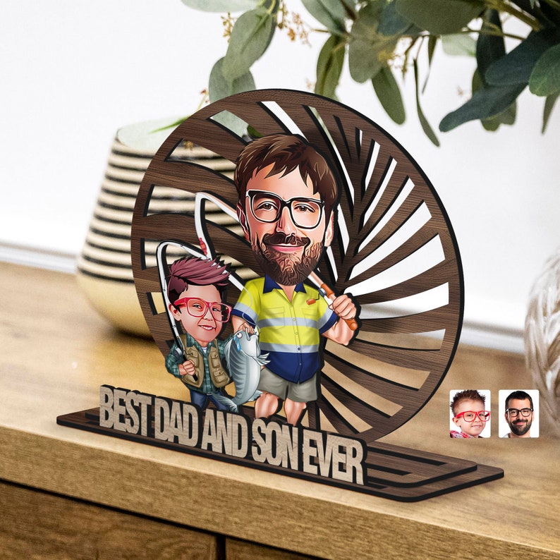 Personalized 3D Wooden Cartoon Father's Day Figurine Trinket, Custom Caricature Portrait, Style 8