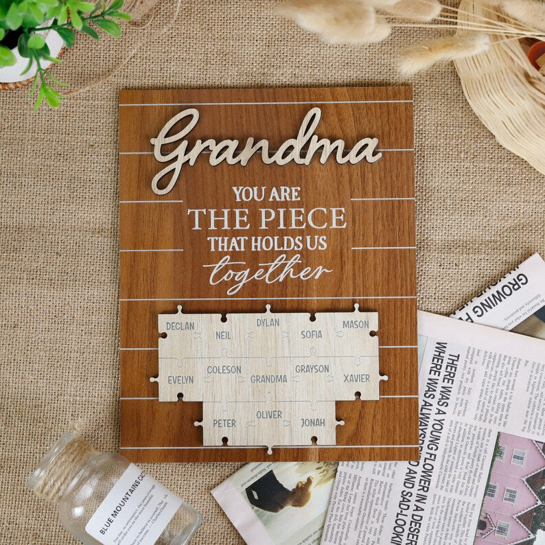 Custom Grandma The Piece That Holds Us Together Puzzle Pieces Plaque, Grandma Mothers Day Gift From Kids