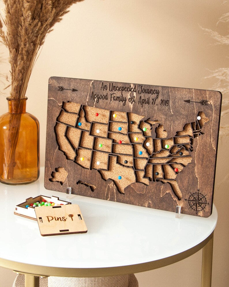Push Pin USA Map Travel Map For Couples Gift, Wooden Map Of United States One Year Anniversary Gift