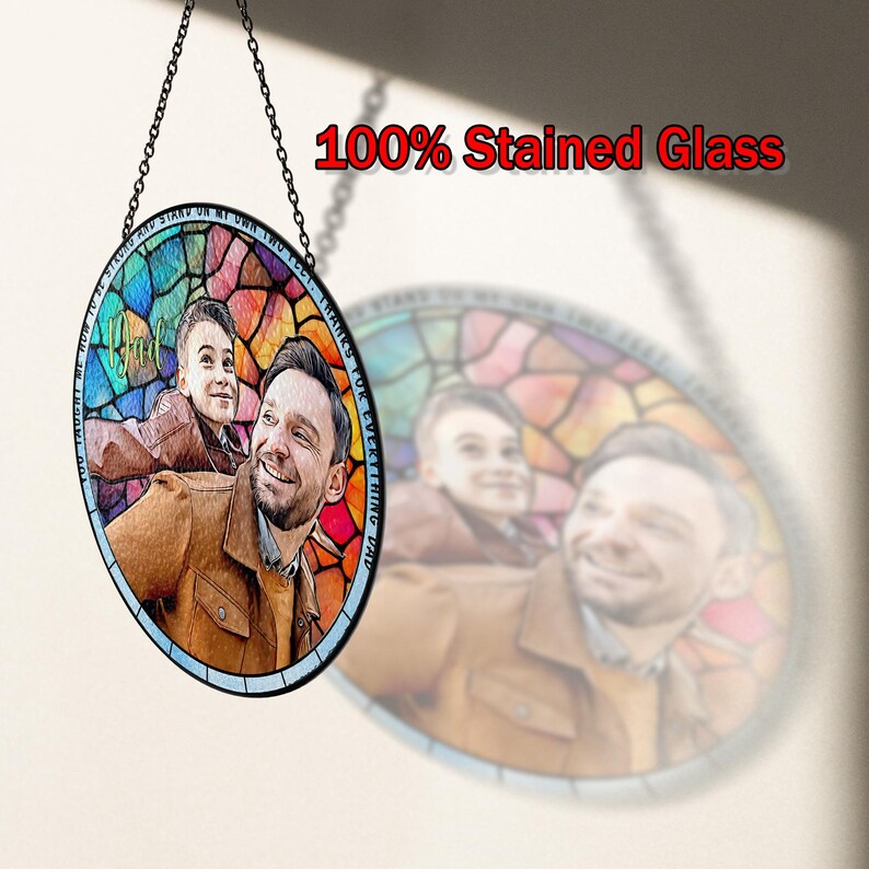 Personalized Grandpa Dad Portrait Photo Stained Glass Suncatcher Window Hanging