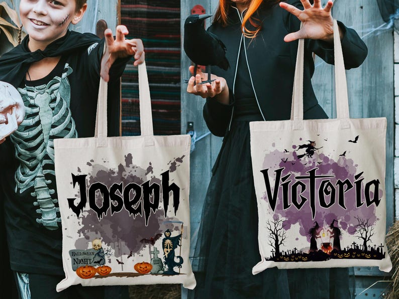 Customized Pumpkin Witch Black Cat Castle Skeleton Ghost Canvas Tote Bag