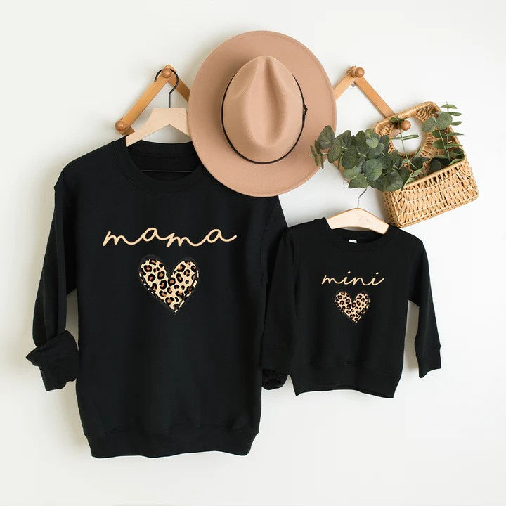 Mama & Mini Leopard Logo Heart Matching Black Sweatshirts