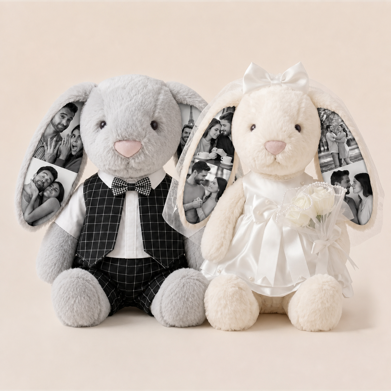 Custom Photo Wedding Bunny Plush Personalized Bride & Groom Bunny Stuffed Animal, Anniversary Wedding Gift for Couples