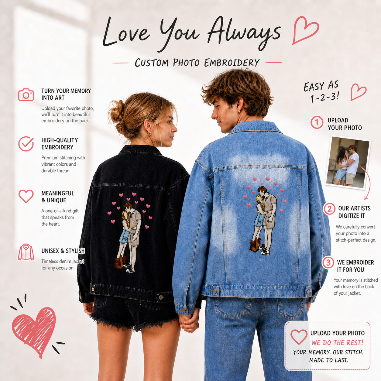 Custom Photo Embroidered on the Back Denim Jacket – Ideal for Matching Couple Looks, Anniversaries