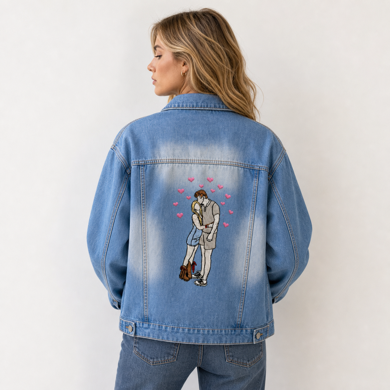Custom Photo Embroidered on the Back Denim Jacket – Ideal for Matching Couple Looks, Anniversaries