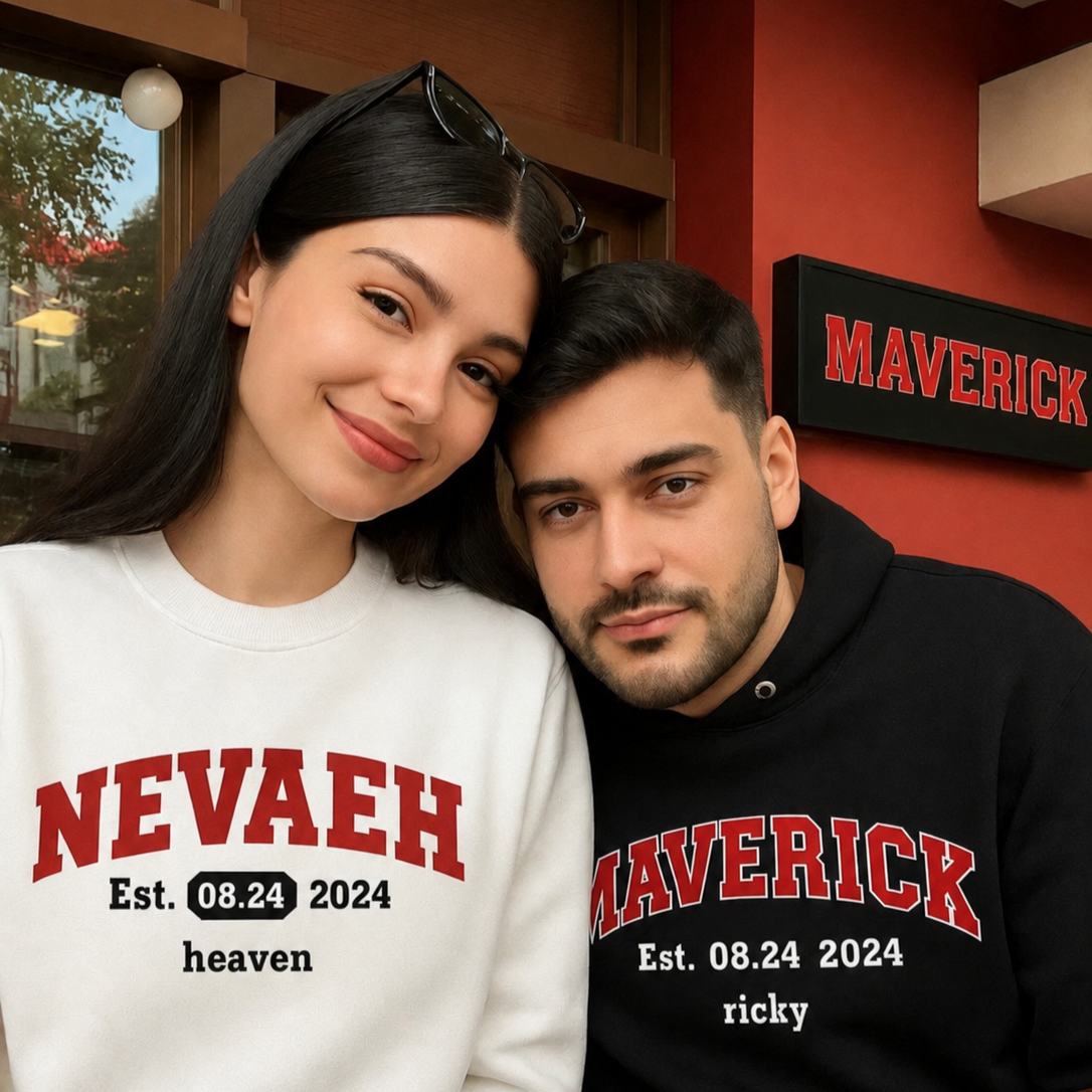 Custom Couple’s Sweatshirt – Personalized Matching Hoodie with Names, Est. Anniversary Date & Your Special Nickname
