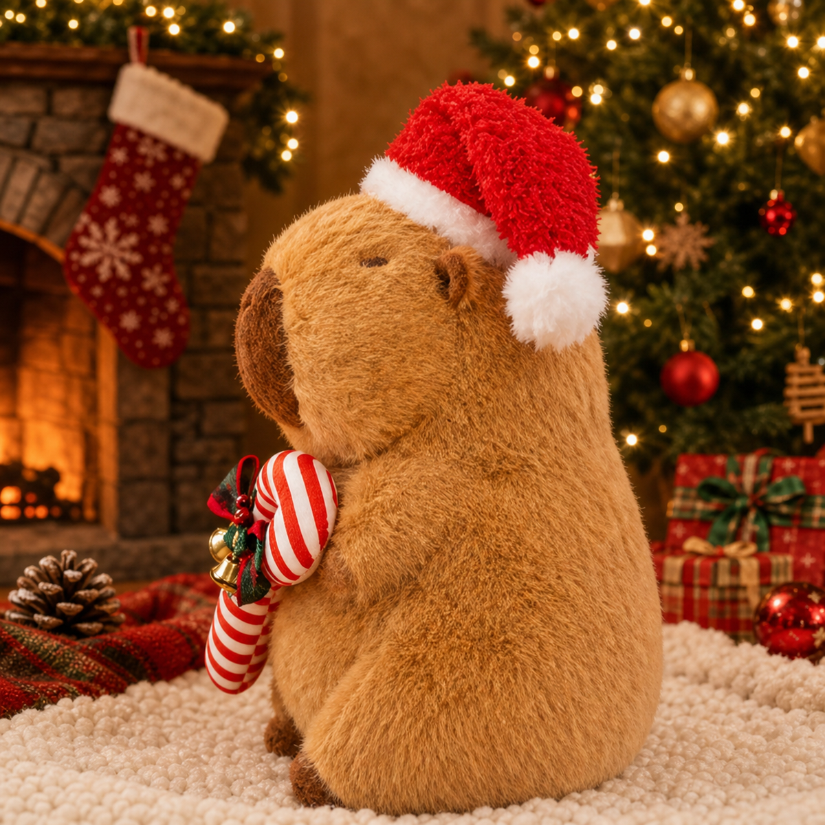 Christmas Capybara Plush with Santa Hat — Cute Holiday Stuffed Animal, Candy Cane Cozy Christmas Gift