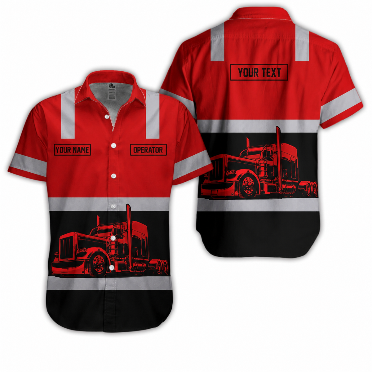 Custom Printed Trucker Uniform (with Gray Stripes) — Upload Your Truck Image and Name