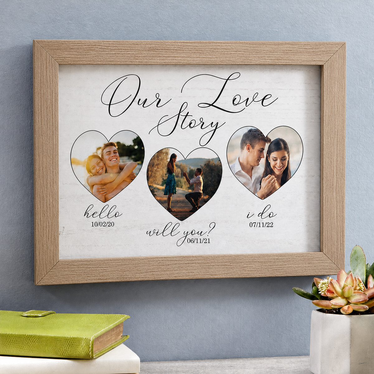 Our Love Story Photo Wooden Framed Art — Custom Couple Picture, Rustic Wood Frame Keepsake Gift