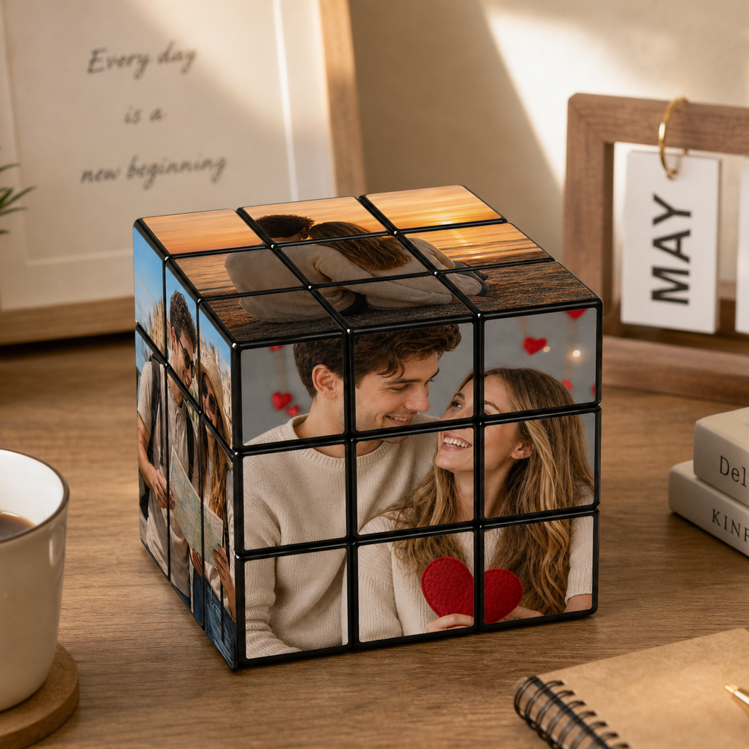 Cute Couple Personalized Photo Cube — Custom Picture Puzzle, Memory Keepsake Gift for Him & Her