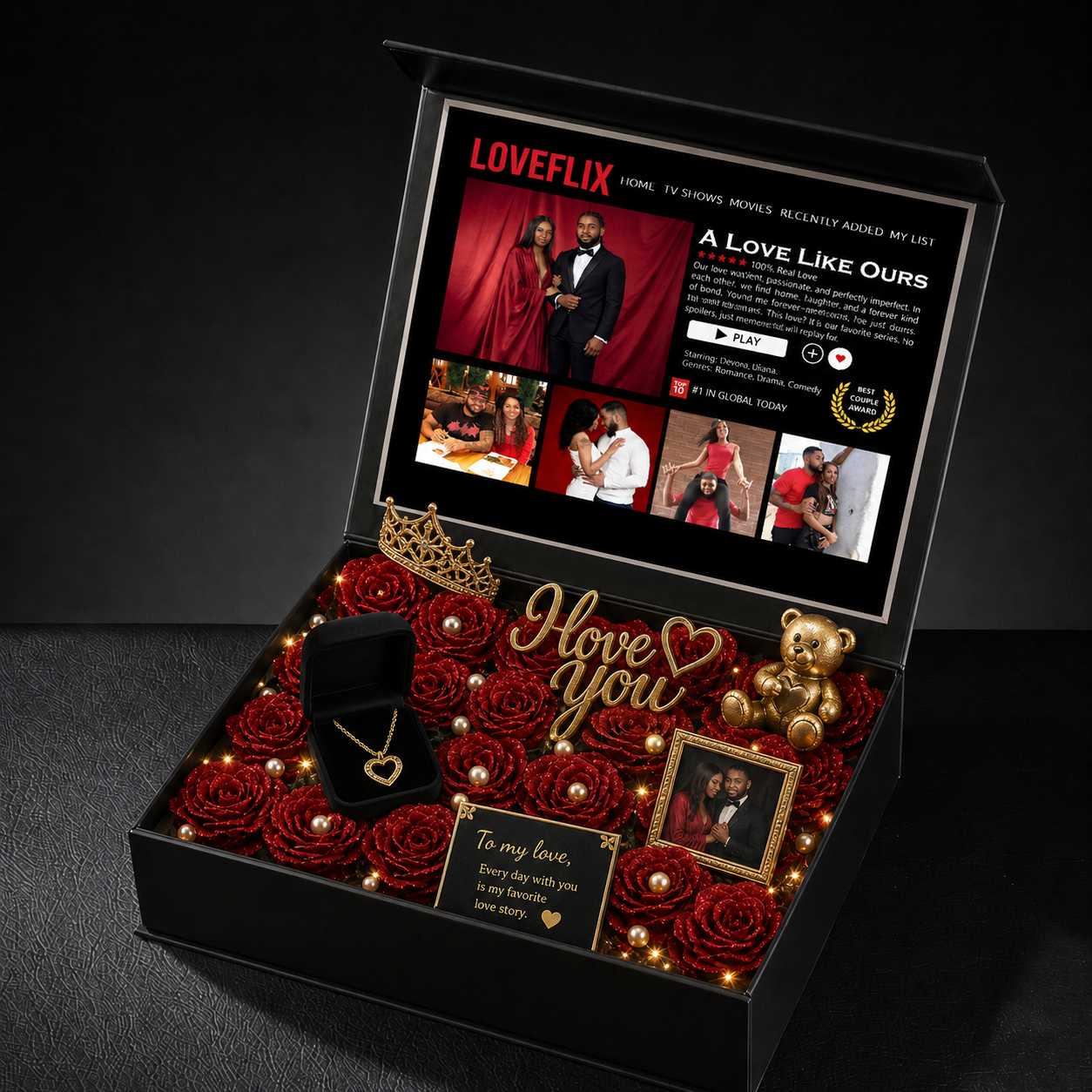 Custom LOVEFLIX Keepsake Box With Glitter Roses – Personalized Loveflix‑Style Couple Gifts